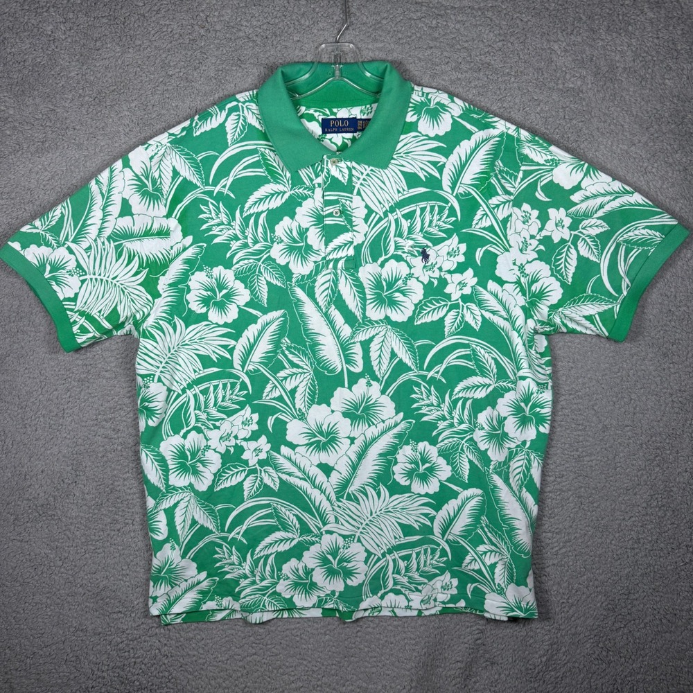 NWOT Polo Ralph Lauren Mens 2XB Green Tropical Floral Hibiscus Mesh Polo Shirt